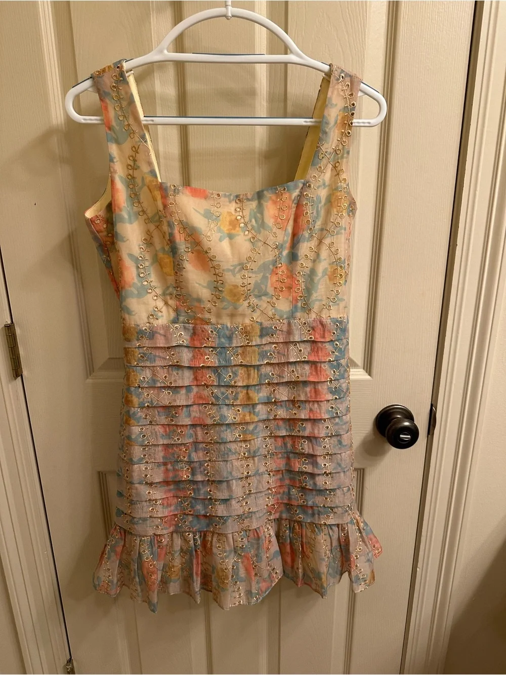 Floral Eyelet Tiered Mini Dress in Pastel Multi